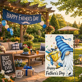 Heyfibro Happy Father's Day Gnome Garden Flag 12x18 Double Sided Burlap, with Tool Trophy Blue Striped Yard Banner for Best Dad Spring Outside Outdoor House Fathers Day Decoration (ONLY FLAG)