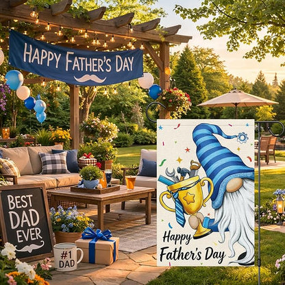 Heyfibro Happy Father's Day Gnome Garden Flag 12x18 Double Sided Burlap, with Tool Trophy Blue Striped Yard Banner for Best Dad Spring Outside Outdoor House Fathers Day Decoration (ONLY FLAG)