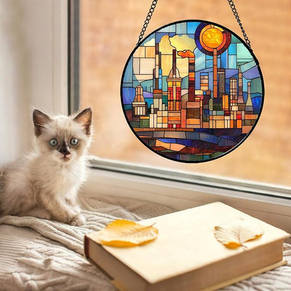 CHATYOUNG Stained Glass Window Hanging Abstract City 9.8" - Colorful Suncatcher Door Garden Home Decor and Christmas Mother's Day Birthday House Warming Gift for Grandma Mom Women Wife Friend