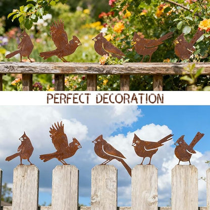 5 Pack Rusty Cardinal Birds Decoration - Outdoor Double-Side Metal Birds Decor for Fence, Yard, Farmhouse, Garden Sculptures Hummingbirds Craft Statue Ornaments Gifts for Bird Lovers (A)