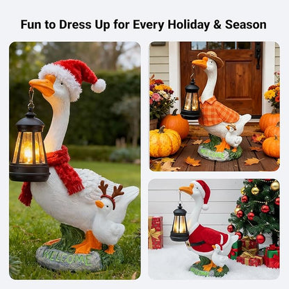 Solar Porch Goose Statue, Outdoor Goose Decor with Lantern for Yard Lawn Patio Balcony, Birthday Christmas Housewarming Gifts for Mom, Grandma, Women,12 Inch,Resin