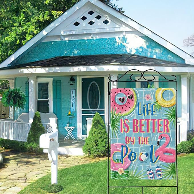 Dyrenson Summer Life is Better by The Pool 28 x 40 House Flag Double Sided, Flamingo Swim Rings Tropical Palm Leaves Garden Yard Decoration, Flip Flops Ball Outdoor Décor Decorative Large Flag
