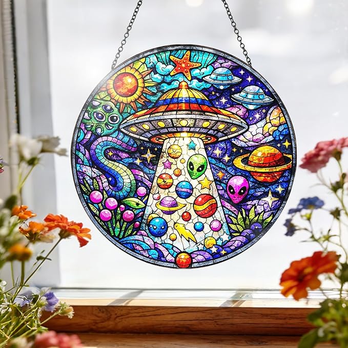UFO Alien Stained Glass Window Hanging – Round Space Suncatcher with Chain, Colorful Glass Ornament for Bedroom Game Room Home Garden Decor Gift, 8 Inch