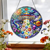 UFO Alien Stained Glass Window Hanging – Round Space Suncatcher with Chain, Colorful Glass Ornament for Bedroom Game Room Home Garden Decor Gift, 8 Inch
