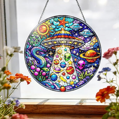 UFO Alien Stained Glass Window Hanging – Round Space Suncatcher with Chain, Colorful Glass Ornament for Bedroom Game Room Home Garden Decor Gift, 8 Inch