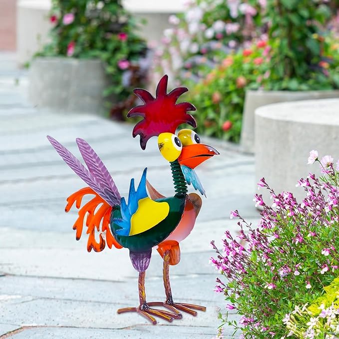 Metal Rooster Yard Statue, Wacky Outdoor Garden Statues, Metal Rooster Yard Garden Decorations Statues, Chicken Ornaments Yard Art for Backyard Patio Lawn Decorations, Gifts for Chicken Lovers (A)