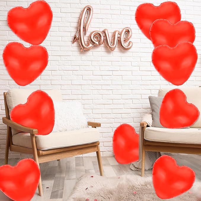 JarThenaAMCS 11" Valentine's Day Inflatable Heart Balloon Red Heart Shape Blow Up Hanging Ornaments Decorations PVC Indoor Outdoor Decor for Wedding Garden Yard Lawn Party Supplies, 10Pcs