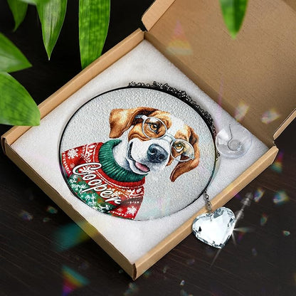 Personalized Pet Portrait Stained Glass Window Hanging, Christmas Dog Santa Hat Suncatcher Photo, Winter Cat Portrait Crystal Decor, Memorial Gift for Dog Lovers, Sympathy Gift for Cat Mom