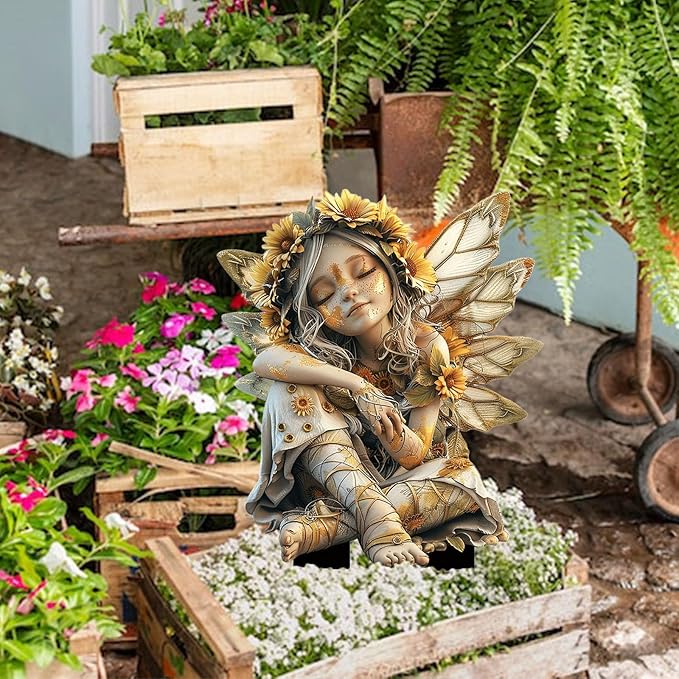 Flower Fairy Garden Stake Decor, 2D Flat Acrylic Elf Garden Sign with Stake, Fairy with Magic Sign for Indoor Outdoor Yard Lawn Balcony Pot Plants (Sunflower Fairy)