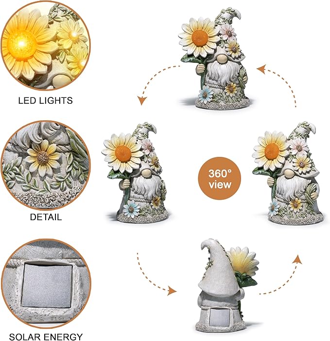 basen Solar Garden Gnome Statue with Glowing Daisy Flower, Outdoor Solar Gnome Figurine Decor for Yard Lawn Patio, Resin Garden Gnome Decoration with LED Light for Garden Landscape Ornament