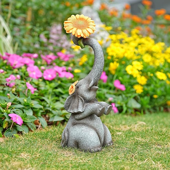 Panven Elephant Sunflower Garden Decor, 14.3" Solar Large Garden Statue, Outdoor Yard Decor, Gifts for Mom, Grandma