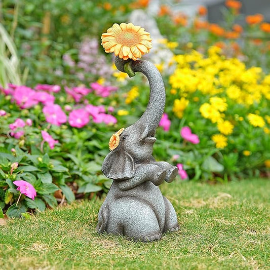 Panven Elephant Sunflower Garden Decor, 14.3" Solar Large Garden Statue, Outdoor Yard Decor, Gifts for Mom, Grandma