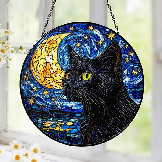 Black Cat Stained Glass Suncatcher Window Hanging Decor for Garden, Starry Night Cat Suncatcher Window Panel Gifts for Cats Lovers, Memorial Gifts for Pet Loss Sympathy Gift for Outdoor Decorations