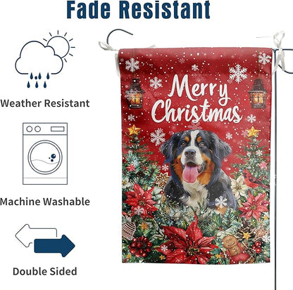 Christmas Bernese Mountain Garden Flag Merry Christmas Dog Yard Flag for Outside Xmas Flags 12x18 Double Sided Red Poinsettia Garden Flags Winter Porch Decorations Outdoor