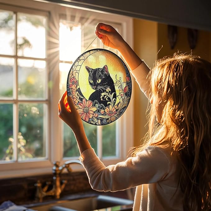 Black Cat Stained Glass Suncatcher, Cat Floral Window Hanging Decor, Memorial Pet Loss Sympathy Ornament, Home Garden Decor, Christmas, Birthday, for Grandma, Friends, Mom, Women