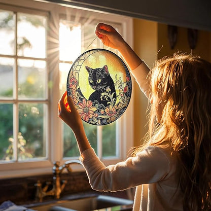 Black Cat Stained Glass Suncatcher, Cat Floral Window Hanging Decor, Memorial Pet Loss Sympathy Ornament, Home Garden Decor, Christmas, Birthday, for Grandma, Friends, Mom, Women