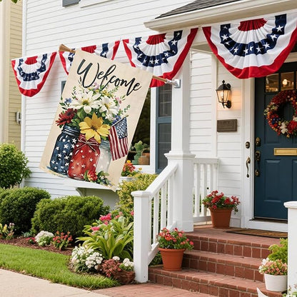 4th of July Mason Jar Flowers Summer Garden Flag 28x40, Patriotic Celebration Double-Sided Decorative Burlap Yard Flag for Memorial Day Independence Day Outside Decoration Holiday Festivities