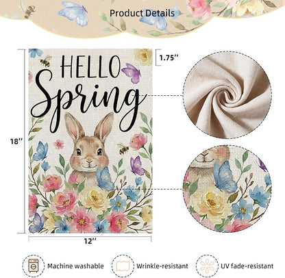 Hello Spring Garden Flag 12 x 18 Inch Double Sided Outside, Rabbit, Brightly Colored Bouquets, Hello Spring Easter Flag Yard Outdoor Easter Holiday Decoration