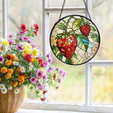 Strawberry Suncatchers Stained Glass Window Hanging, Summer Fruit Sun Catchers Indoor Window Glass Round Wall Decor, Strawberry Wall Hanging Decorations, Fruit Kitchen Decor, 7.9x7.9in