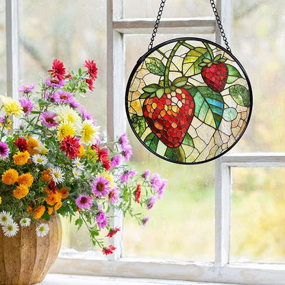 Strawberry Suncatchers Stained Glass Window Hanging, Summer Fruit Sun Catchers Indoor Window Glass Round Wall Decor, Strawberry Wall Hanging Decorations, Fruit Kitchen Decor, 7.9x7.9in