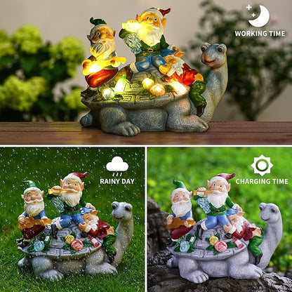 Solar Garden Outdoor Statues Gnome Turtle Three Gnomes Having Party on Turtle with 7 LED Lawn Decor Outside Decorations for Patio, Balcony, Yard Ornament Unique Garden Gift