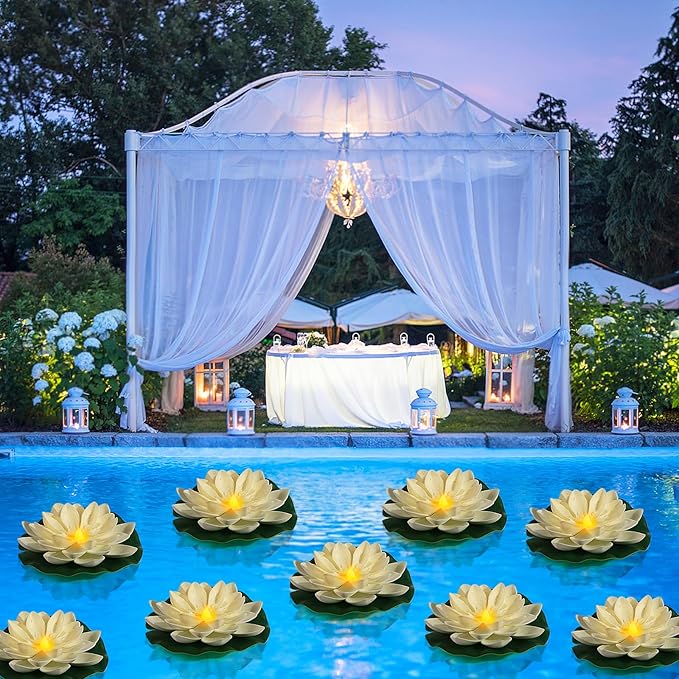 LACGO 24 PCS Water Activated Floating Lights - 6'' Waterproof Floating Lotus Light Battery Operated Artificial Floating Flowers for Pool Wedding Anniversary Garden Decoration(6 Inch, White)