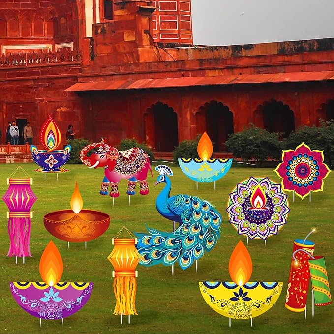Amyhill 12 Pcs Happy Diwali Yard Sign Lawn Decor Lights Festival Party Signs Waterproof Happy Diwali Yard Outdoor Decorations with Stakes for Indian Lights Holiday Party Lawn Ornaments Decorations