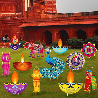 Amyhill 12 Pcs Happy Diwali Yard Sign Lawn Decor Lights Festival Party Signs Waterproof Happy Diwali Yard Outdoor Decorations with Stakes for Indian Lights Holiday Party Lawn Ornaments Decorations