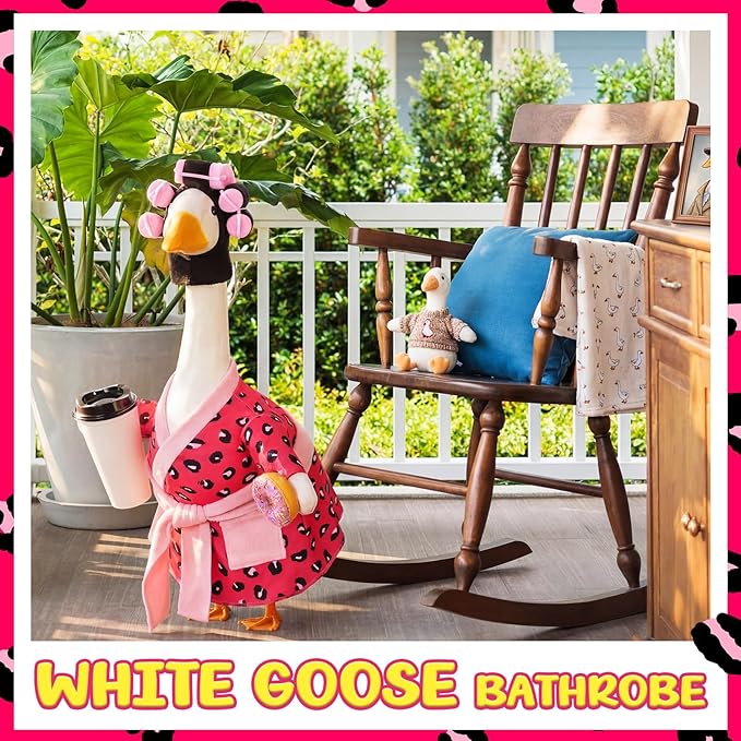 Shyyween Lady Porch Goose Outfit for 23'' Cement Plastic Lawn Goose Statue Clothes Pink Leopard Bathrobe Coffee Cup Curlers for Outdoor Garden Yard Patio Decoration
