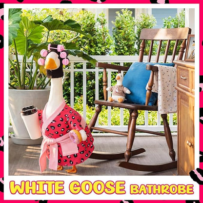 Shyyween Lady Porch Goose Outfit for 23'' Cement Plastic Lawn Goose Statue Clothes Pink Leopard Bathrobe Coffee Cup Curlers for Outdoor Garden Yard Patio Decoration