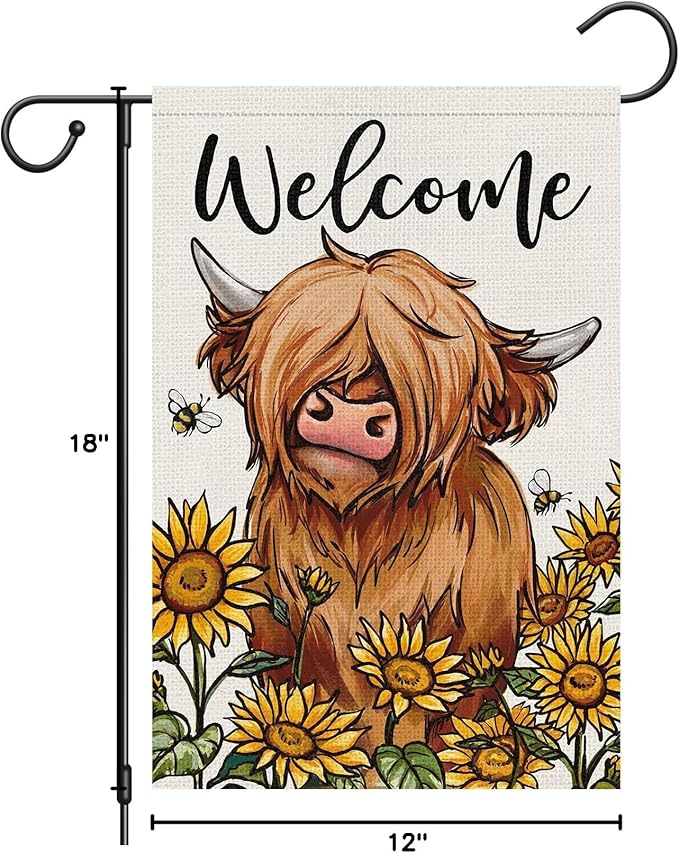 Heyfibro Welcome Spring Summer Highland Cow Garden Flag 12x18 Inch Double Sided Burlap, Farmhouse Sunflower Yard Flags for Seasonal Outside Outdoor Decoration (ONLY FLAG)