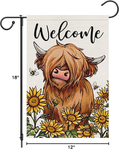 Heyfibro Welcome Spring Summer Highland Cow Garden Flag 12x18 Inch Double Sided Burlap, Farmhouse Sunflower Yard Flags for Seasonal Outside Outdoor Decoration (ONLY FLAG)