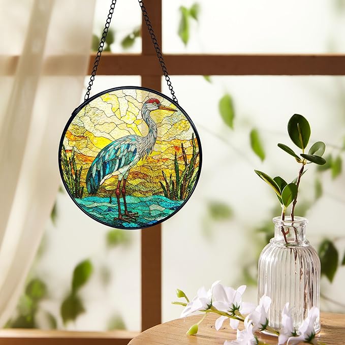 Beach Ocean Blue Heron Suncatchers Stained Glass Window Hanging, Coastal Ocean Sun Catchers Indoor Window Glass Round Wall Decor, Beachy Wall Hanging Decorations, 7.9x7.9in