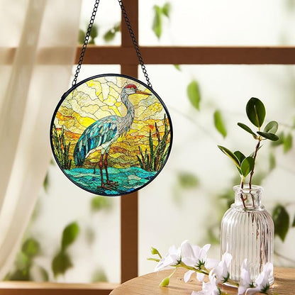 Beach Ocean Blue Heron Suncatchers Stained Glass Window Hanging, Coastal Ocean Sun Catchers Indoor Window Glass Round Wall Decor, Beachy Wall Hanging Decorations, 7.9x7.9in