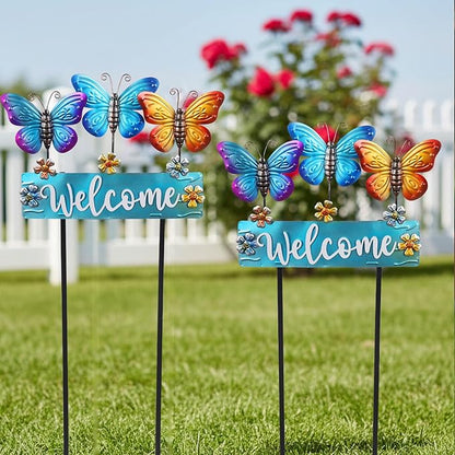 Large Butterfly Garden Stakes 42.1inch with Welcome Sign and Flowers, Butterfly Garden Decor Metal Yard Art for Spring, Lawn Ornaments, Pathway, Outdoor Summer Decorations