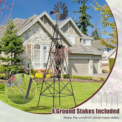 DREAMADE 8ft Steel Windmill, Farmhouse Windmill Decoration with Directional Vane, 4 Anchoring Stakes & Reinforced Base, Weather-Ready Garden Spinner for Backyard, Garden, Patios, Rural Areas (Grey)
