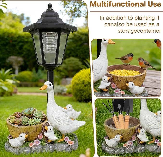 Garden Duck Statues with Solar Lantern Flowerpot Outdoor Decoration, Duck Figurines of resin Art Sculptures for Patio Lawn Backyard Porch Ornaments Unique Housewarming Birthday Gifts for Women Mom