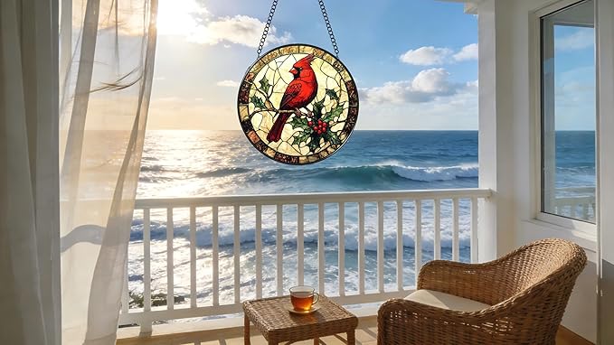 Stained Glass Window Hanging Ornament, The Red Bird Stopped on The Branch 6.3 Inches Suncatcher for Window Home Decor Bithday Christmas Monther's Day Gifts for Women Men and Mom