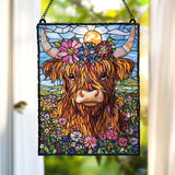 Highland Cow Acrylic Suncatcher - Faux Stained Glass Indoor Window Hanging Ornament, Outdoor Sun Catcher Panel, Home Decor Gift for Farm Animal Lovers