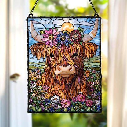 Highland Cow Acrylic Suncatcher - Faux Stained Glass Indoor Window Hanging Ornament, Outdoor Sun Catcher Panel, Home Decor Gift for Farm Animal Lovers