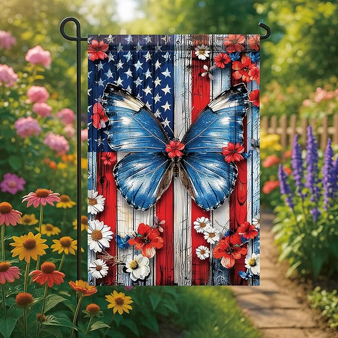 Spring Summer Garden Flag 12x18 Inch Patriotic Butterfly American Outdoor Floral Rustic Wood Art Design Outdoor Yard Porch Lawn for Seasonal Americana Farmhouse Home Decor