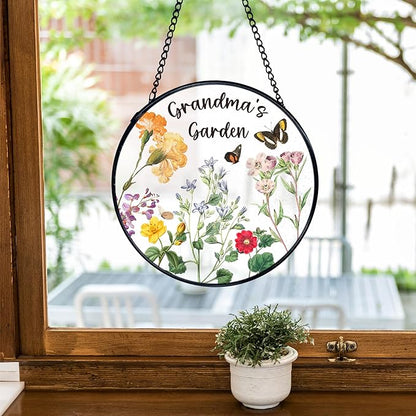 TNUW Grandma's Garden Stained Glass Window Hanging, Grandma Gifts from Grandkids Sun Catchers Indoor Window Glass Round Wall Art Decor, Grandmother Gifts Wall Hanging Decorations, 7.9＂x7.9＂