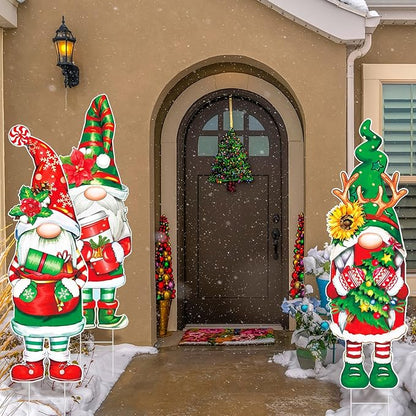 Umigy 3 Pcs Christmas Yard Sign Outdoor Gnome Signs With Stakes 32 x 10'' Santa Decorations Xmas Pathway Walkway Decor Eve Party Favors for Lawn Garden Patio