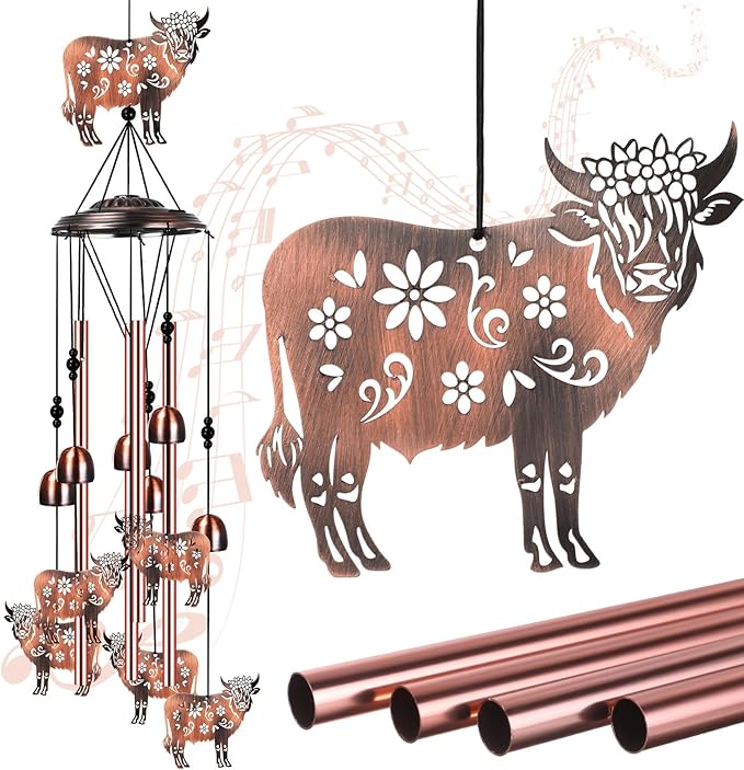 Briwooody Highland Cow Wind Chimes for Outside Metal Wind Chimes Highland Cow Gifts for Women Mom Memorial Birthday Decor for Outdoor Patio Garden Porch Home Decoration