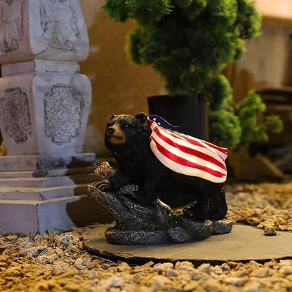 Suyorpe Bear Solar Lights Outdoor Statue - Garden Black Bear with Light up American Flag Solar Animals Outdoor Waterproof Decor for Patio,Porch,Balcony,Yard,Lawn
