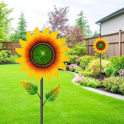Sunflower Wind Spinners Outdoor, 46.7" H x 12.6" W Metal Wind Sculptures & Spinners with 5 Prong Stake, Garden Windmill for Yard Lawn Patio Art Decor Yellow