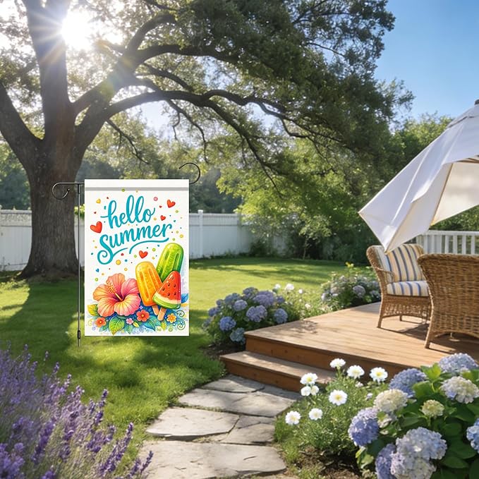 Nuxovilar Summer Garden Flag Hello Summer Ice Cream Hibiscus Flower Pattern Polyester 12x18 Inches Garden Flags for Outside Bright Decor Yard Porch
