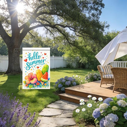 Nuxovilar Summer Garden Flag Hello Summer Ice Cream Hibiscus Flower Pattern Polyester 12x18 Inches Garden Flags for Outside Bright Decor Yard Porch