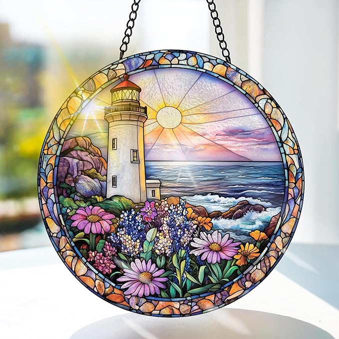 Bimkole Lighthouse Stained Glass Suncatcher Window Hanging - Flower Scenery Indoor Window or Doorway Decoration - Handmade Sun Catcher Decor for Garden Home Christmas & Birthday Gifts 7.87x7.87 inch