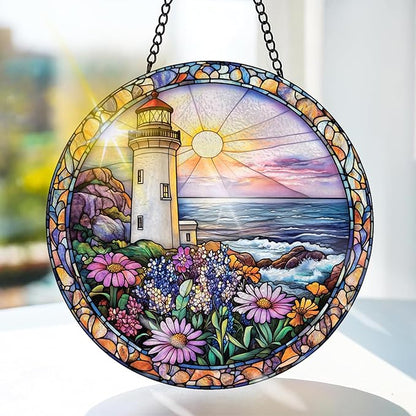 Bimkole Lighthouse Stained Glass Suncatcher Window Hanging - Flower Scenery Indoor Window or Doorway Decoration - Handmade Sun Catcher Decor for Garden Home Christmas & Birthday Gifts 7.87x7.87 inch